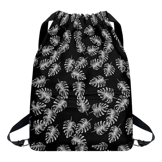 Black And White Monstera Pattern Print Drawstring Backpack