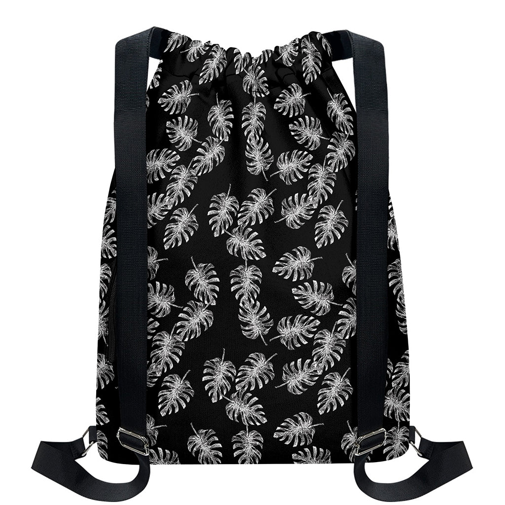 Black And White Monstera Pattern Print Drawstring Backpack