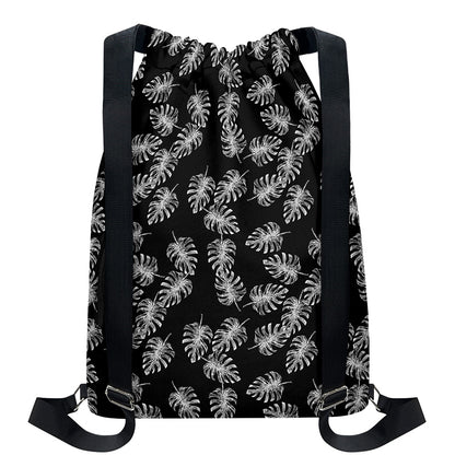 Black And White Monstera Pattern Print Drawstring Backpack