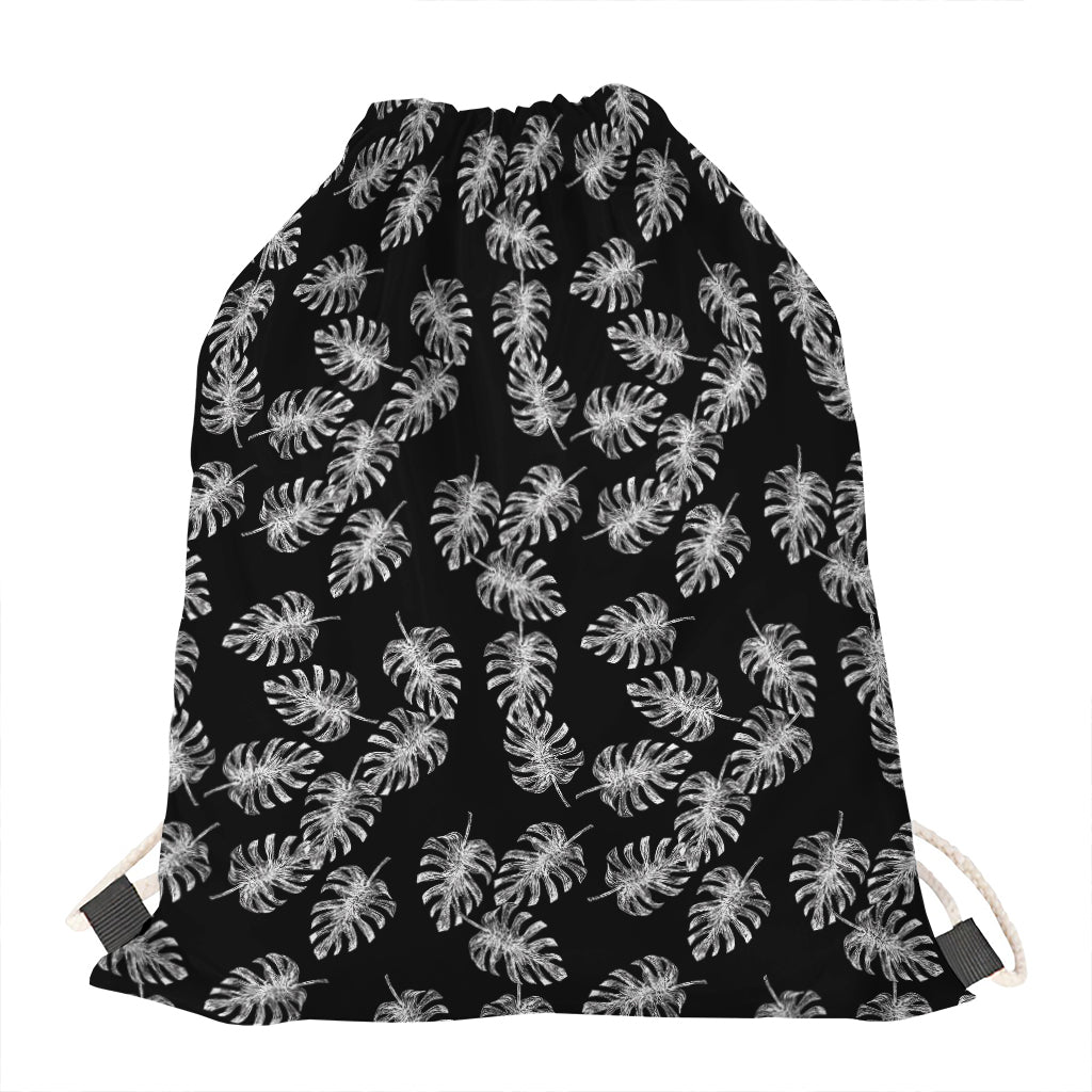 Black And White Monstera Pattern Print Drawstring Bag