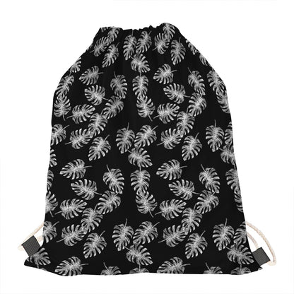 Black And White Monstera Pattern Print Drawstring Bag