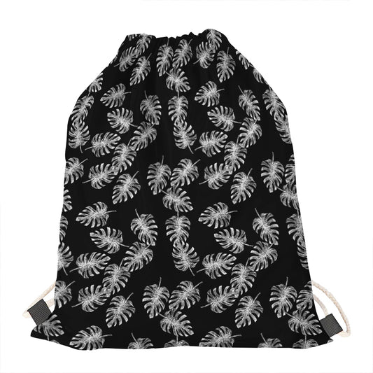 Black And White Monstera Pattern Print Drawstring Bag