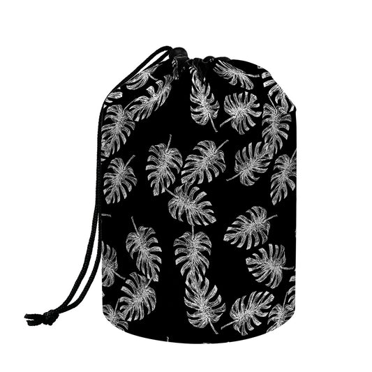 Black And White Monstera Pattern Print Drawstring Makeup Bag