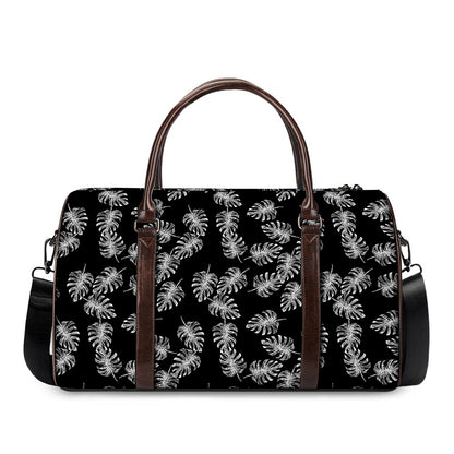 Black And White Monstera Pattern Print Duffle Bag
