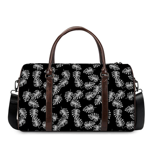 Black And White Monstera Pattern Print Duffle Bag