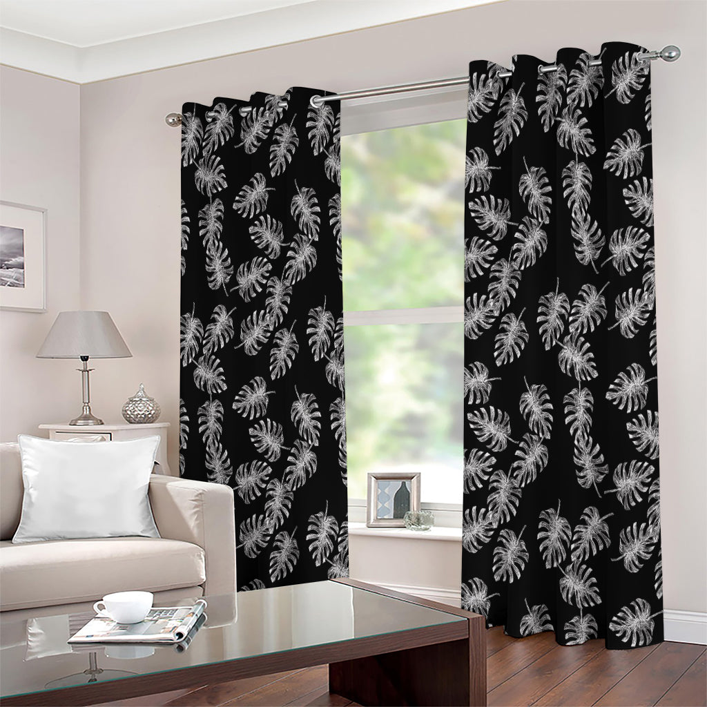 Black And White Monstera Pattern Print Extra Wide Grommet Curtains