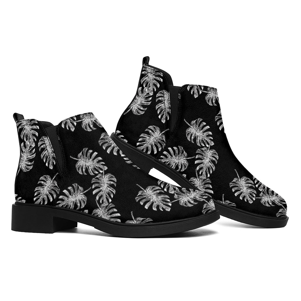 Black And White Monstera Pattern Print Flat Ankle Boots