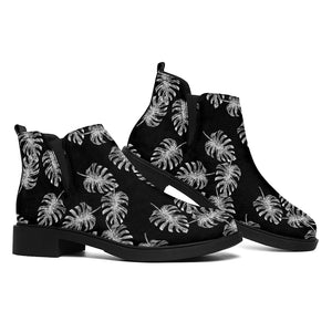 Black And White Monstera Pattern Print Flat Ankle Boots