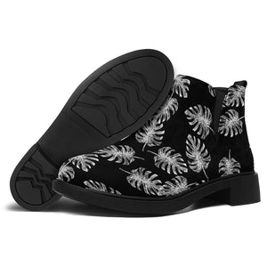 Black And White Monstera Pattern Print Flat Ankle Boots