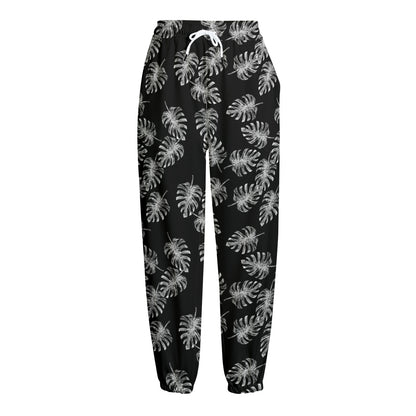Black And White Monstera Pattern Print Fleece Lined Knit Pants