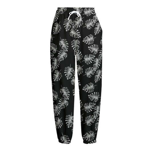 Black And White Monstera Pattern Print Fleece Lined Knit Pants