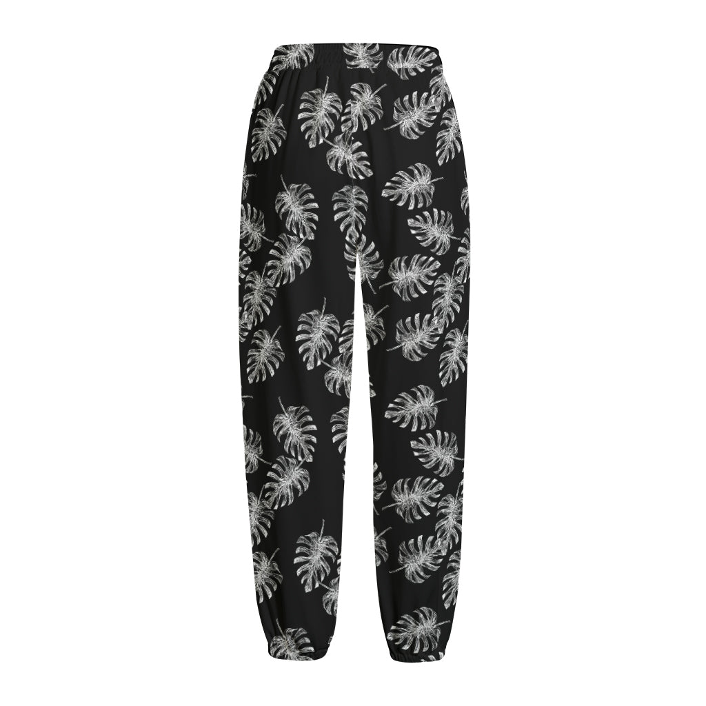 Black And White Monstera Pattern Print Fleece Lined Knit Pants