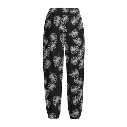 Black And White Monstera Pattern Print Fleece Lined Knit Pants