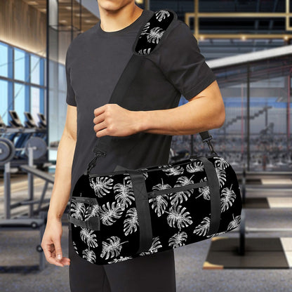 Black And White Monstera Pattern Print Gym Bag