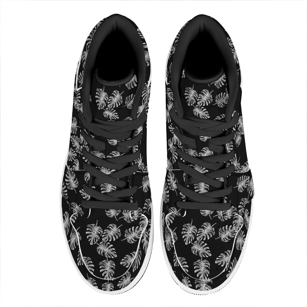 Black And White Monstera Pattern Print High Top Leather Sneakers