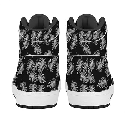 Black And White Monstera Pattern Print High Top Leather Sneakers
