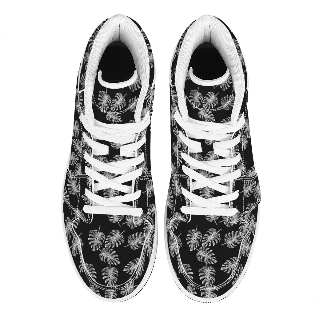 Black And White Monstera Pattern Print High Top Leather Sneakers