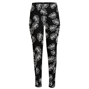 Black And White Monstera Pattern Print High-Waisted Pocket Leggings