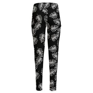 Black And White Monstera Pattern Print High-Waisted Pocket Leggings