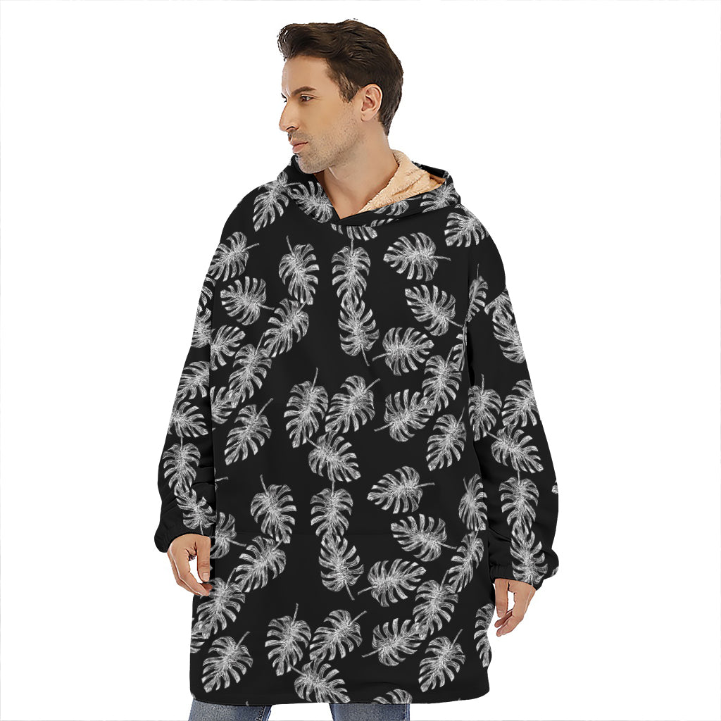 Black And White Monstera Pattern Print Hoodie Blanket