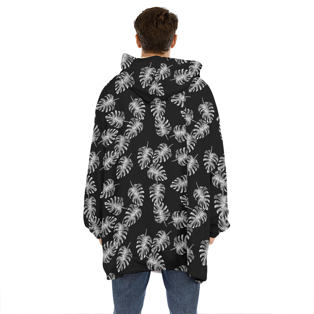 Black And White Monstera Pattern Print Hoodie Blanket