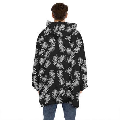 Black And White Monstera Pattern Print Hoodie Blanket
