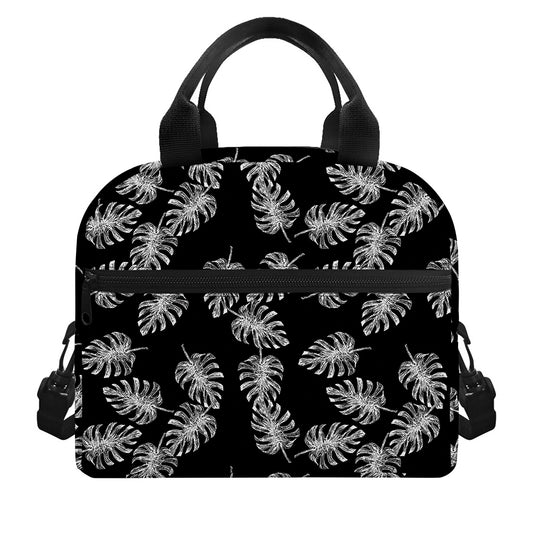 Black And White Monstera Pattern Print Insulated Lunch Bag