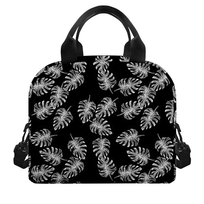 Black And White Monstera Pattern Print Insulated Lunch Bag