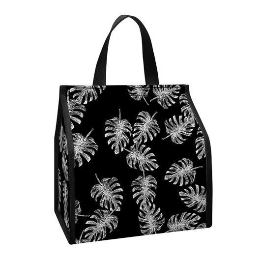 Black And White Monstera Pattern Print Insulated Lunch Tote
