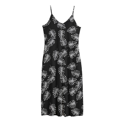 Black And White Monstera Pattern Print Jersey Midi Cami Dress