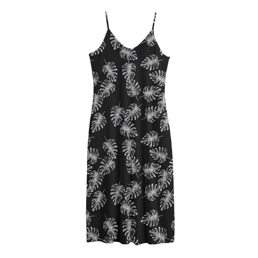 Black And White Monstera Pattern Print Jersey Midi Cami Dress