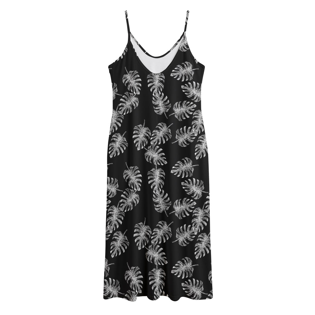 Black And White Monstera Pattern Print Jersey Midi Cami Dress