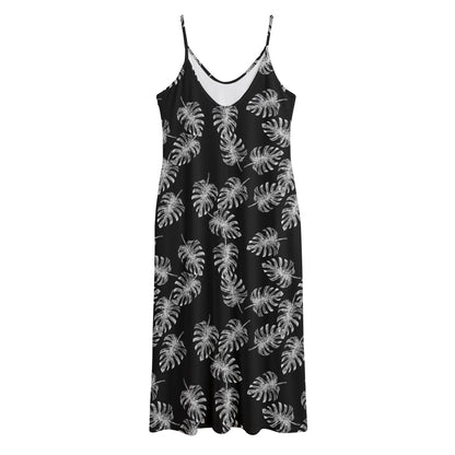 Black And White Monstera Pattern Print Jersey Midi Cami Dress