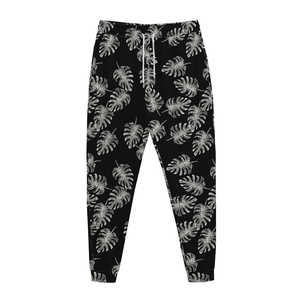 Black And White Monstera Pattern Print Jogger Pants