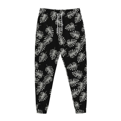 Black And White Monstera Pattern Print Jogger Pants