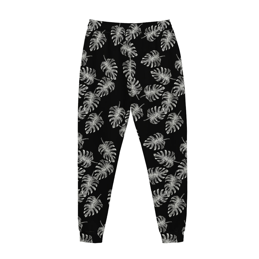 Black And White Monstera Pattern Print Jogger Pants