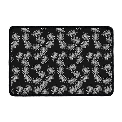 Black And White Monstera Pattern Print Kitchen Mat