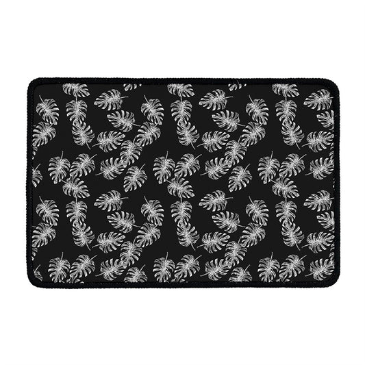Black And White Monstera Pattern Print Kitchen Mat