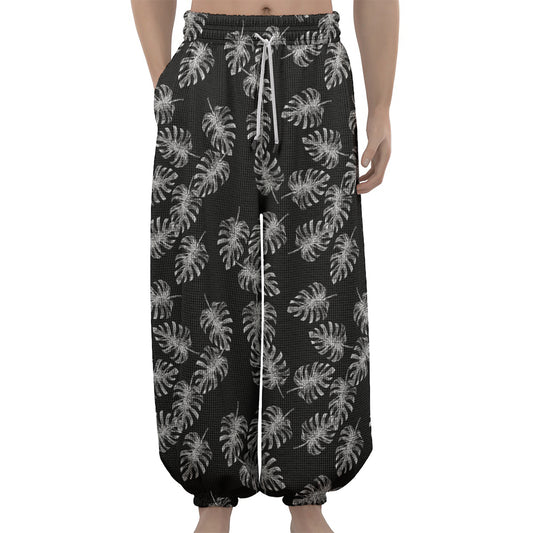Black And White Monstera Pattern Print Lantern Pants
