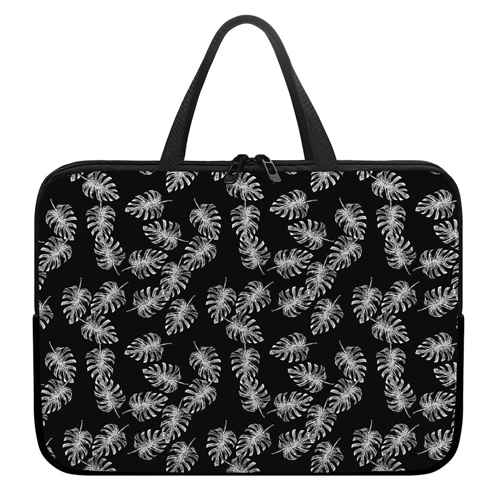 Black And White Monstera Pattern Print Laptop Sleeve With Handle