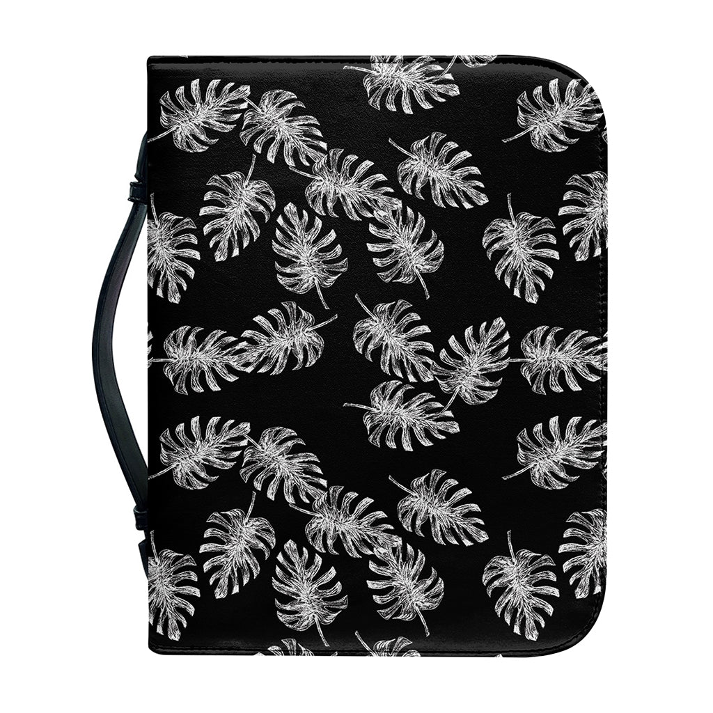 Black And White Monstera Pattern Print Leather Bible Cover