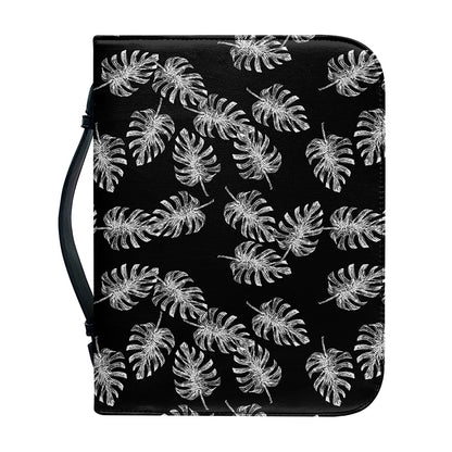 Black And White Monstera Pattern Print Leather Bible Cover