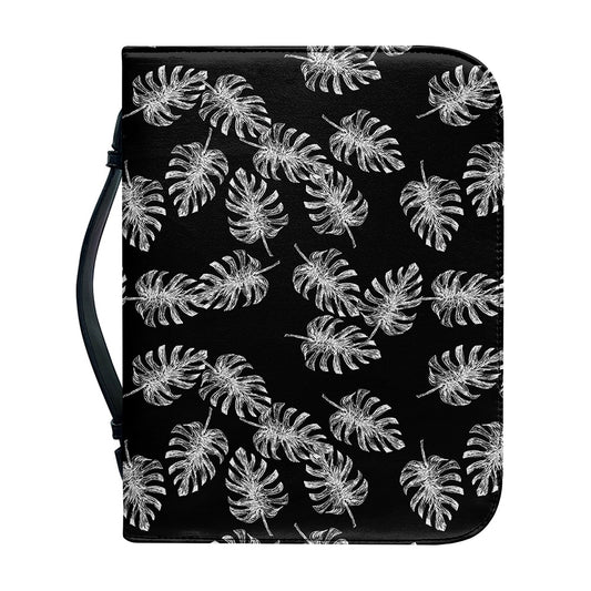 Black And White Monstera Pattern Print Leather Bible Cover