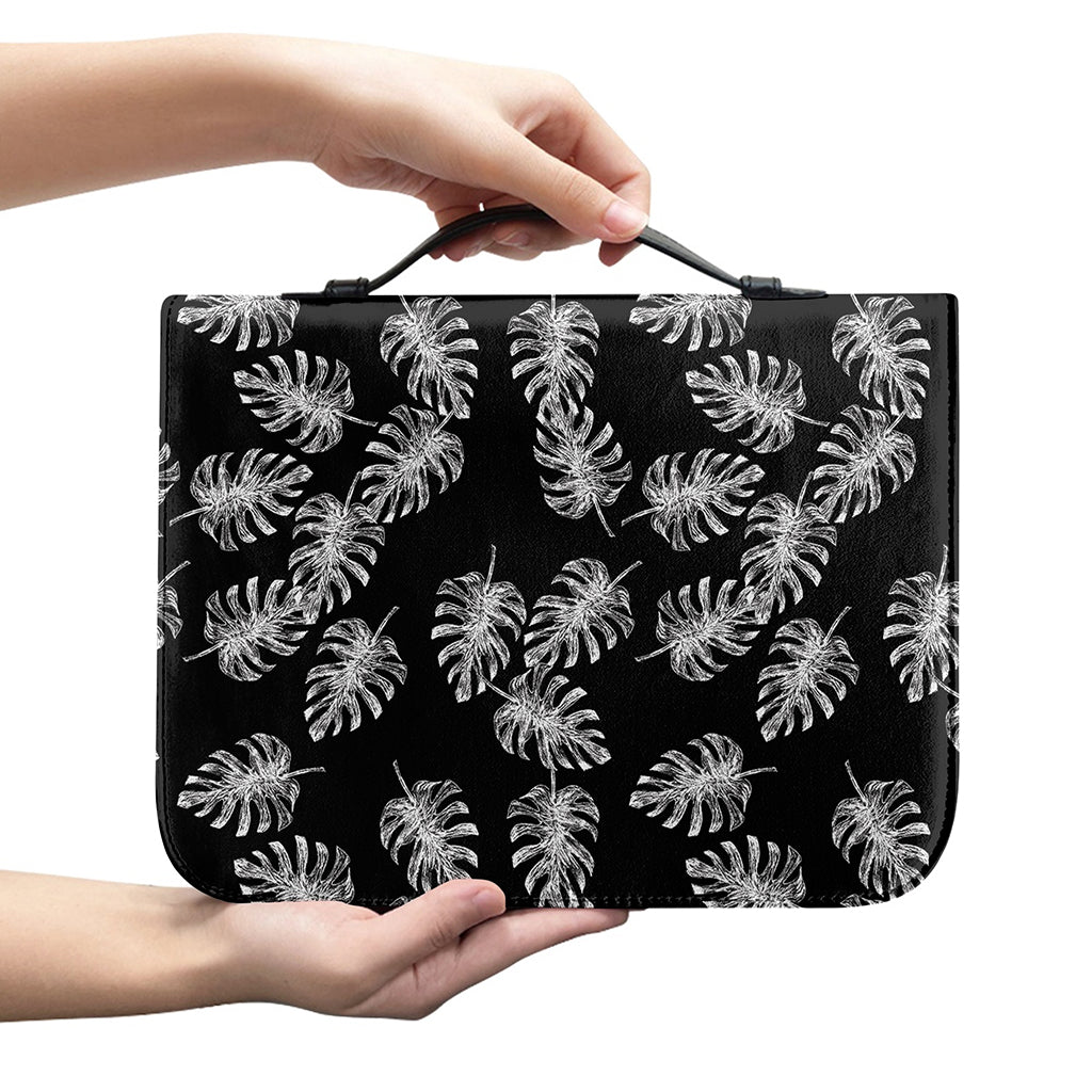 Black And White Monstera Pattern Print Leather Bible Cover