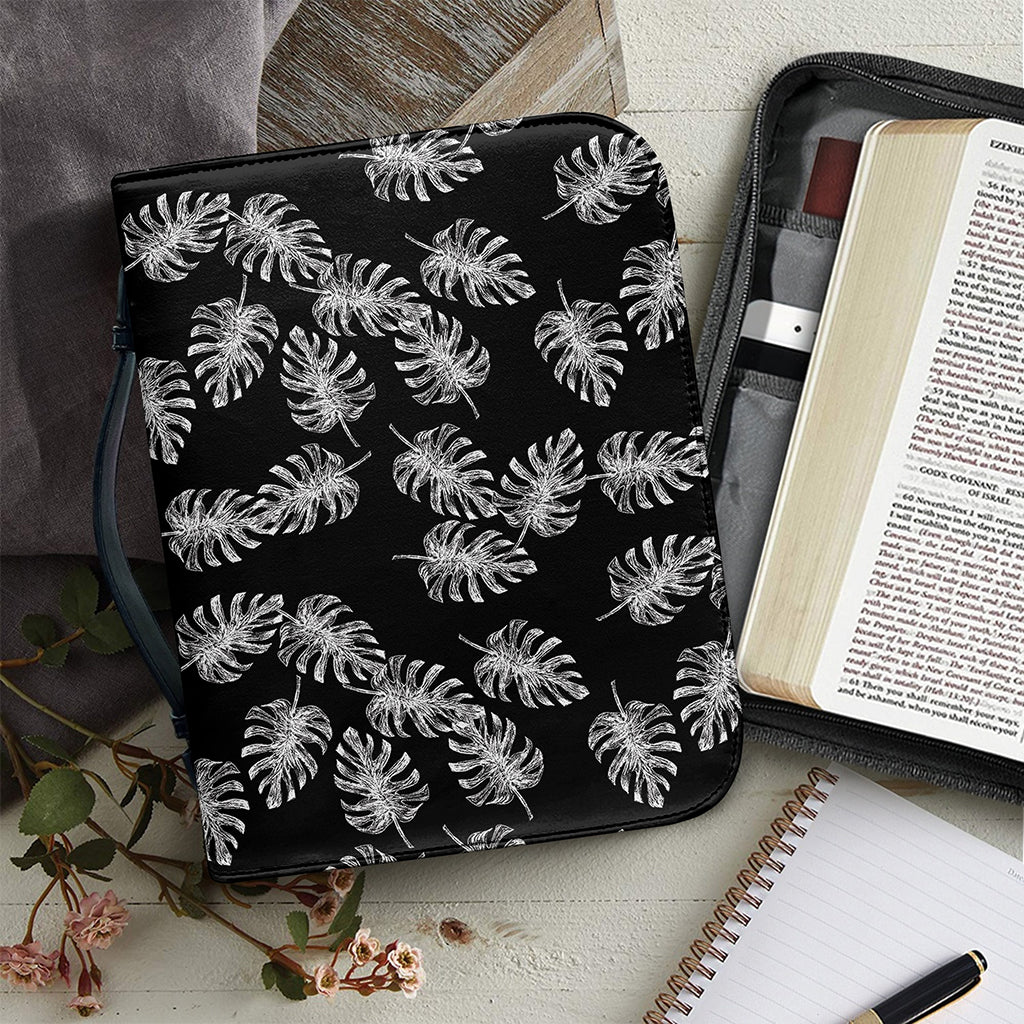 Black And White Monstera Pattern Print Leather Bible Cover
