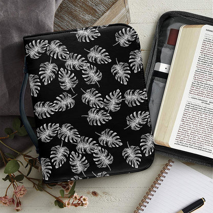 Black And White Monstera Pattern Print Leather Bible Cover