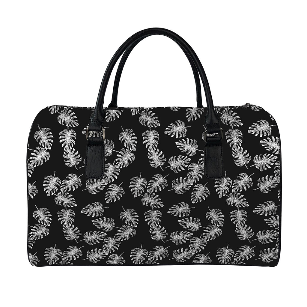 Black And White Monstera Pattern Print Leather Duffle Bag