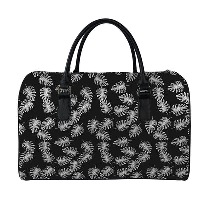 Black And White Monstera Pattern Print Leather Duffle Bag