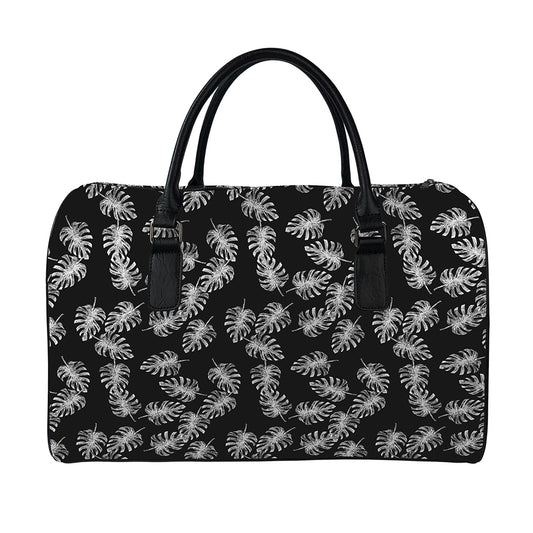 Black And White Monstera Pattern Print Leather Duffle Bag