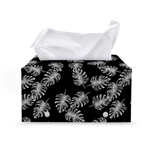 Black And White Monstera Pattern Print Leather Tissue Box Cover